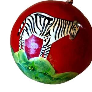 ZEBRA Africa Christmas Ornament Hand Painted India Red Black Stripes Horse Round